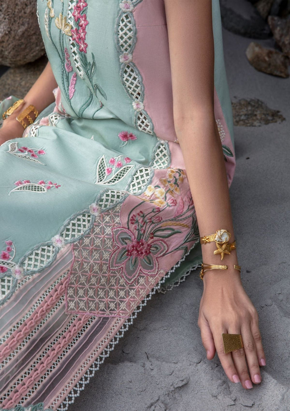 Mint Green and Pink Embroidered Lawn Cotton Suit with Organza Dupatta | RTW