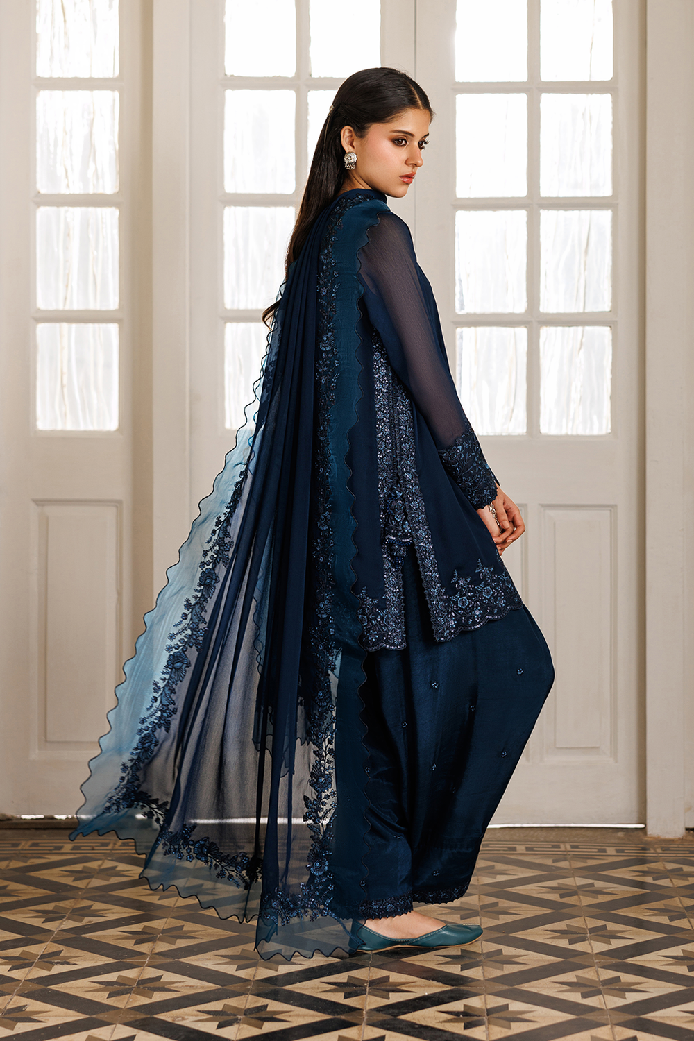 Navy Blue Embroidered Chiffon Short Shirt Suit | Ready to Wear