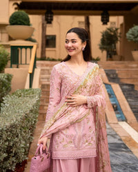 Blush Pink Sharara - 03-Piece Lawn Shirt With Silk Dupatta | Ready To Wear
