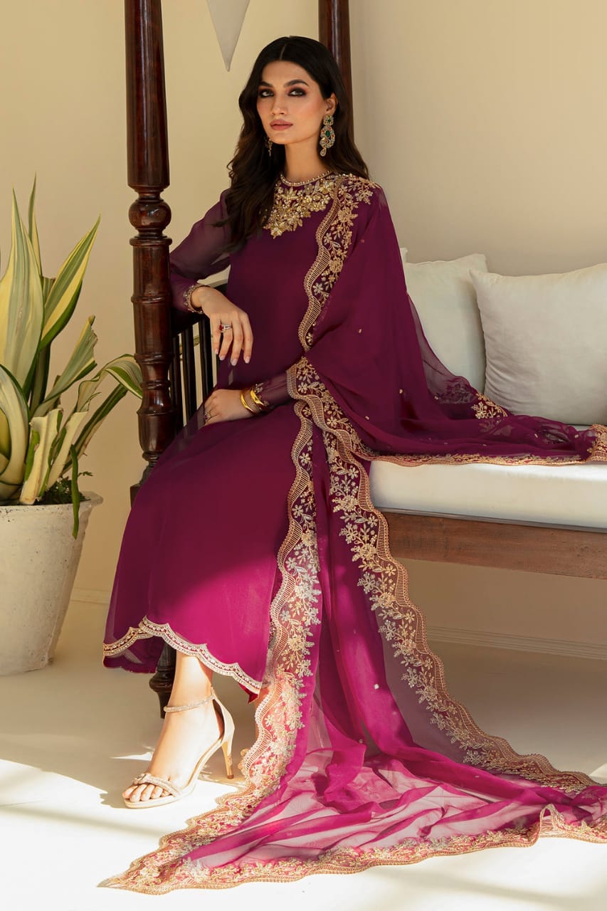 Deep Plum Embroidered Chiffon Suit with Addawork | Ready to Wear