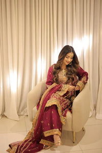 03-Piece Embroidered Silk Suit With Net Dupatta | Ready To Wear