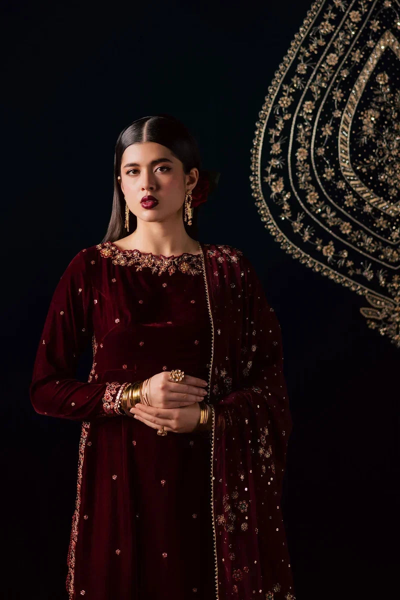 Deep Maroon Velvet & Gold Embroidered Suit | Ready To Wear