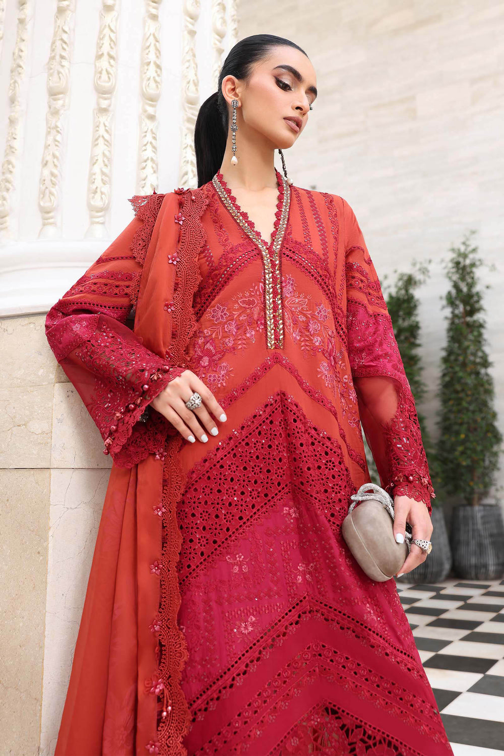 Rust Red Embroidered Chikankari Lawn Suit |Ready to Wear
