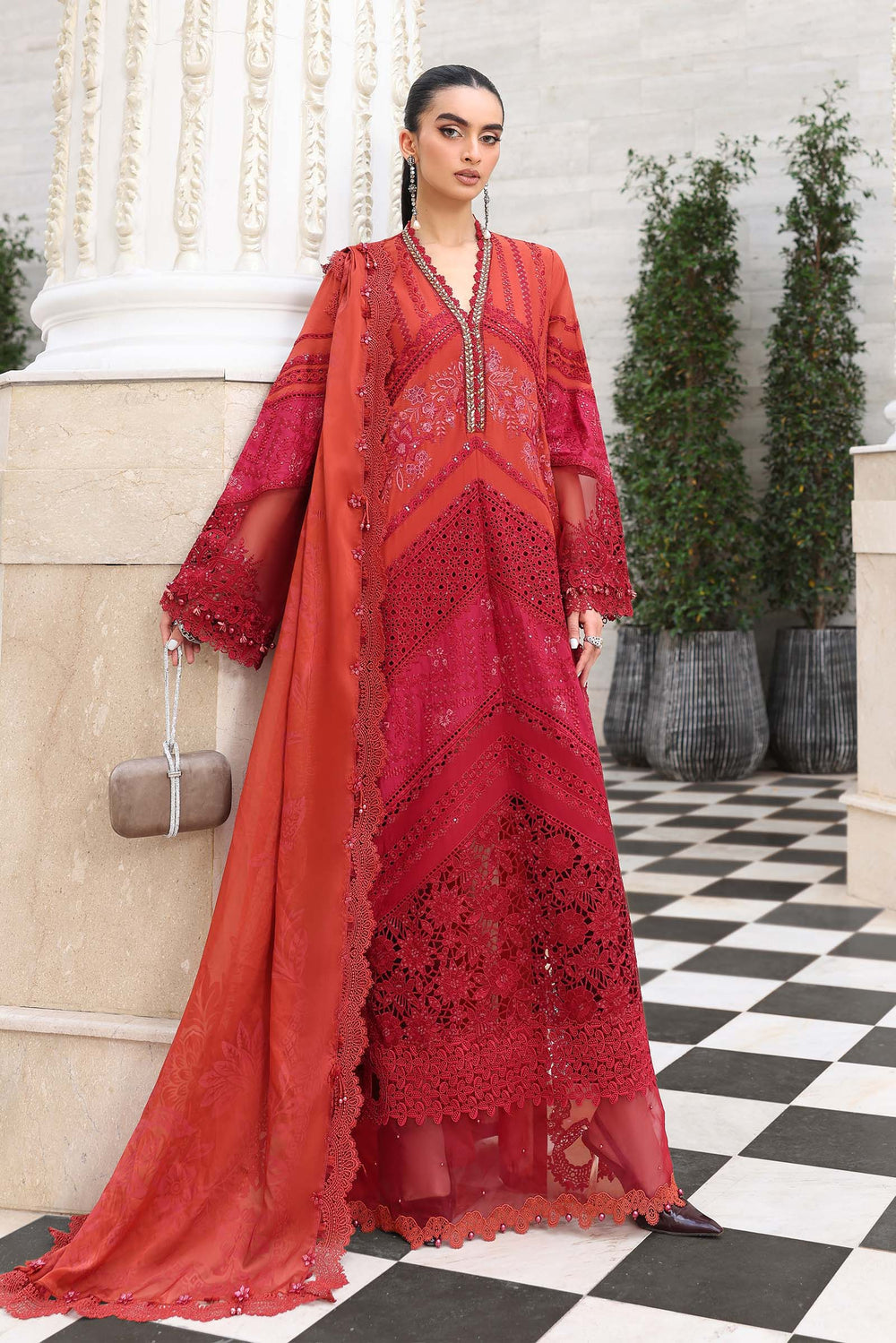 Rust Red Embroidered Chikankari Lawn Suit |Ready to Wear