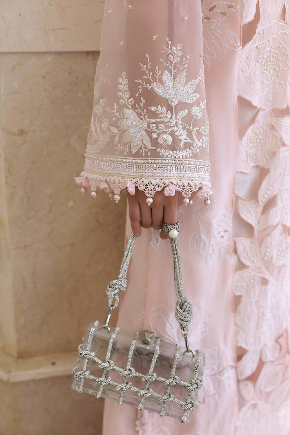 Ethereal Pastel Pink Hand-Embellished Chikankari Lawn Suit