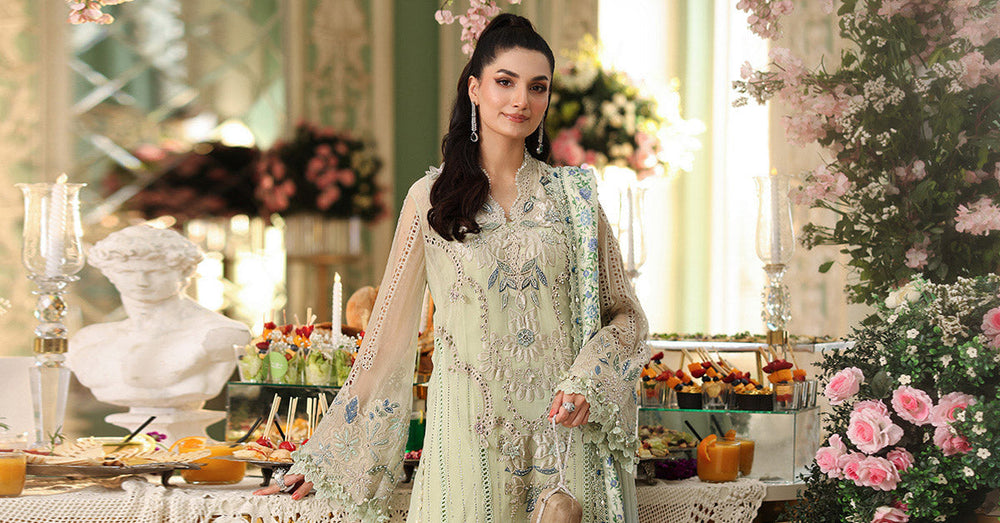 Mint Green Embroidered Chiffon Suit with Digital Printed Dupatta |RTW