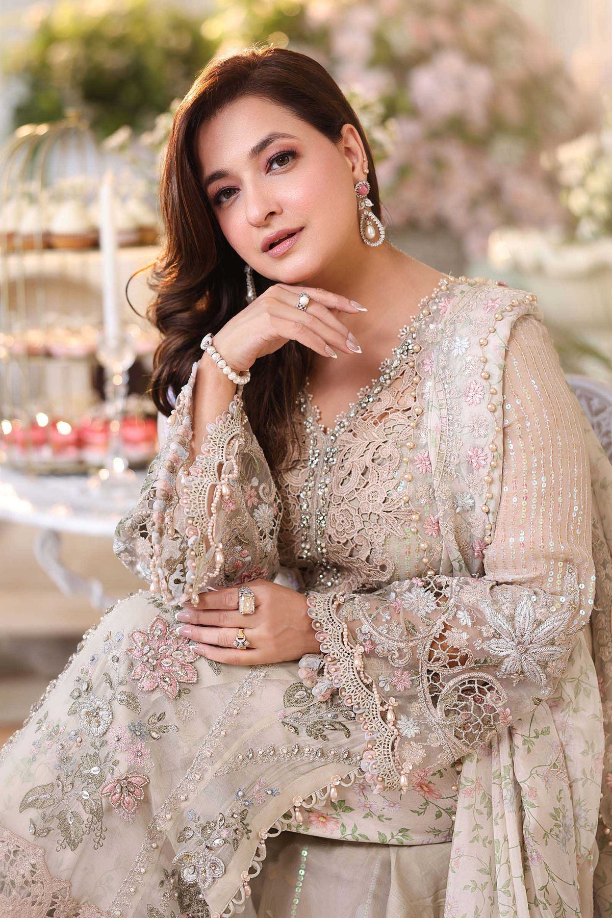 Champagne Embroidered Chiffon Suit with Adda Work | Ready to Wear