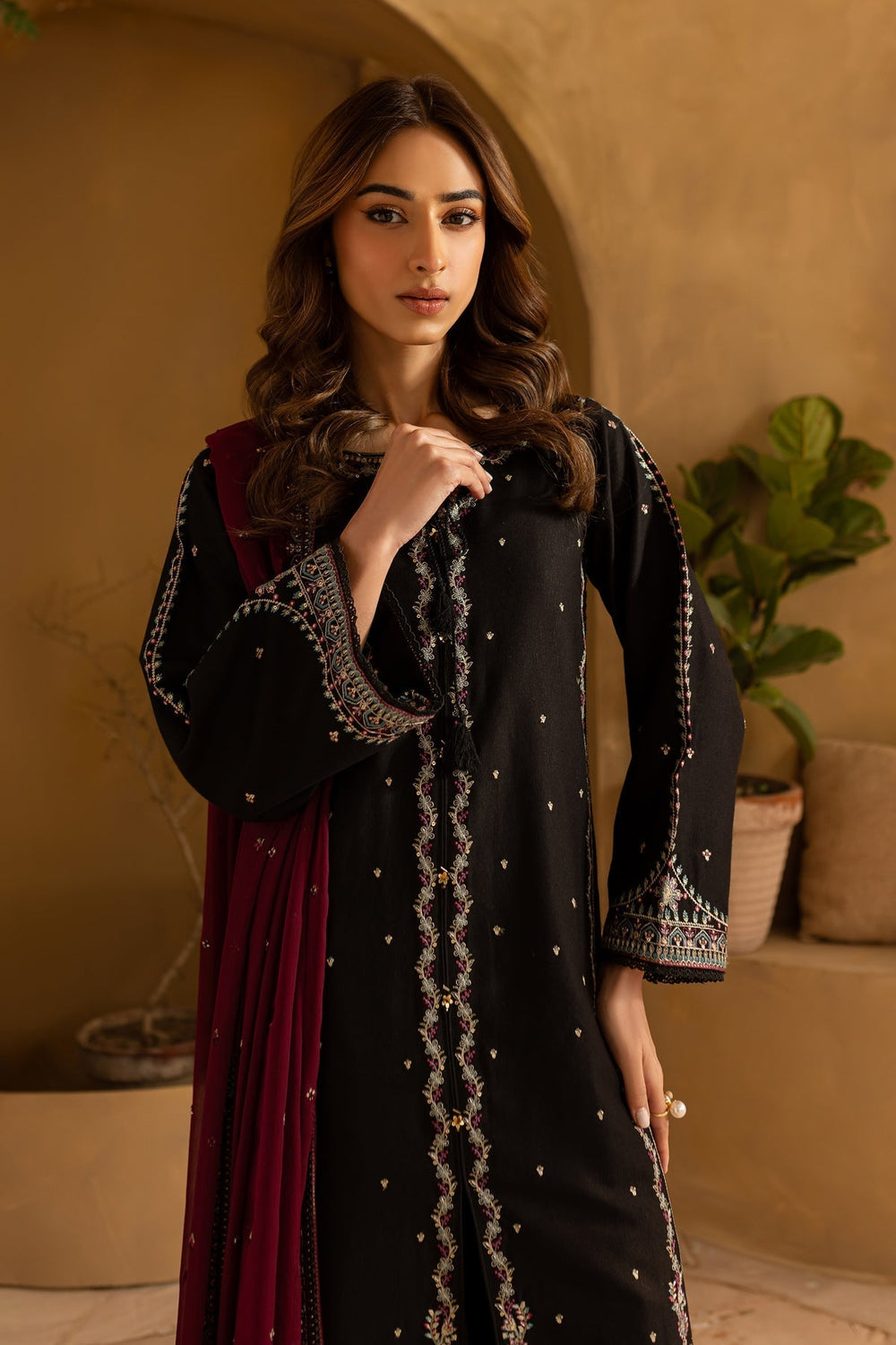 Black Cotton Silk Embroidered Suit with Chiffon Dupatta | Ready to Wear