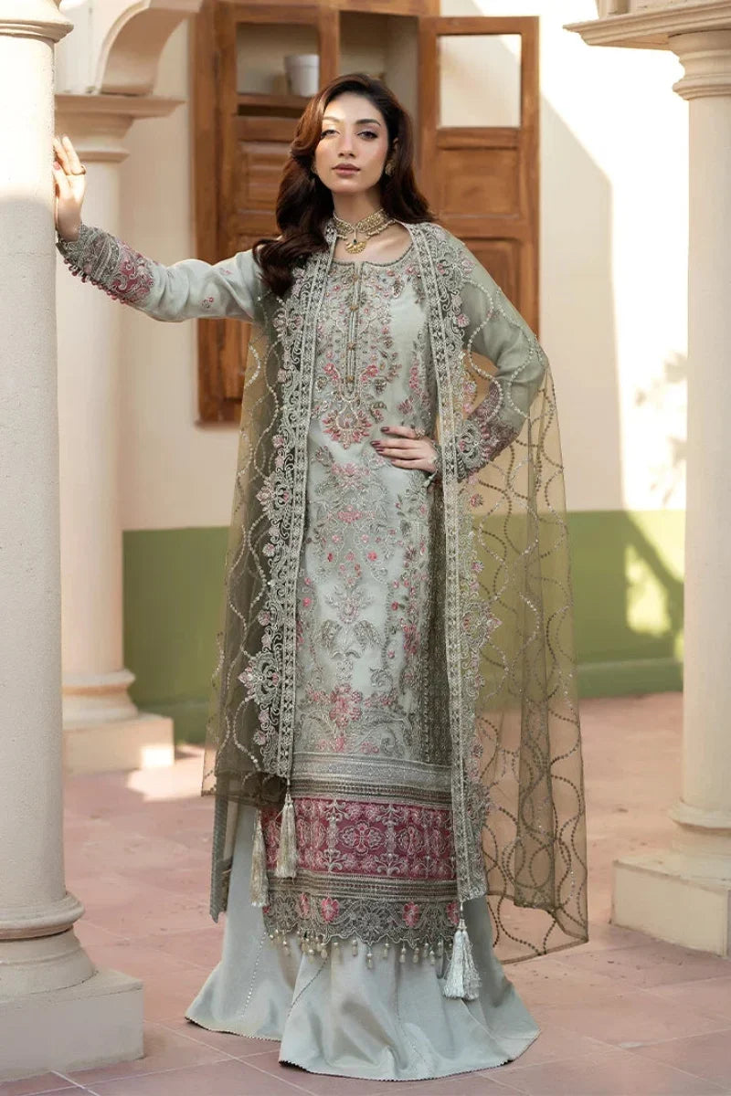 Soft Pastel Green-Grey Organza Ready to Wear Embroidered Festive Suit