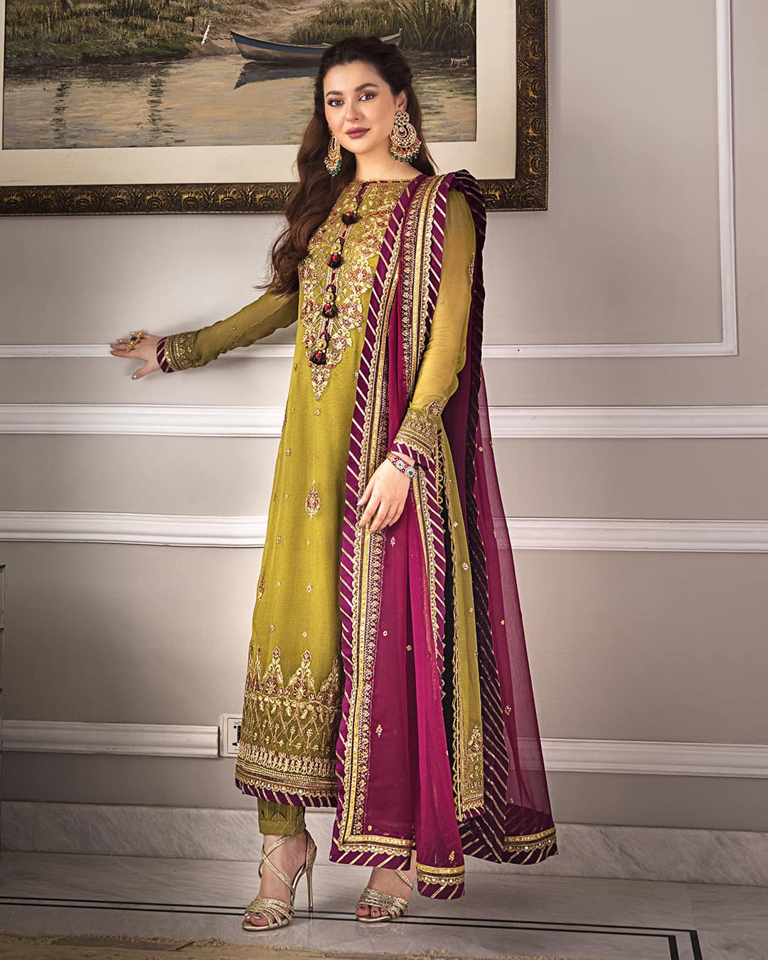Olive Green and Maroon Chiffon Suit | Ready to Wear