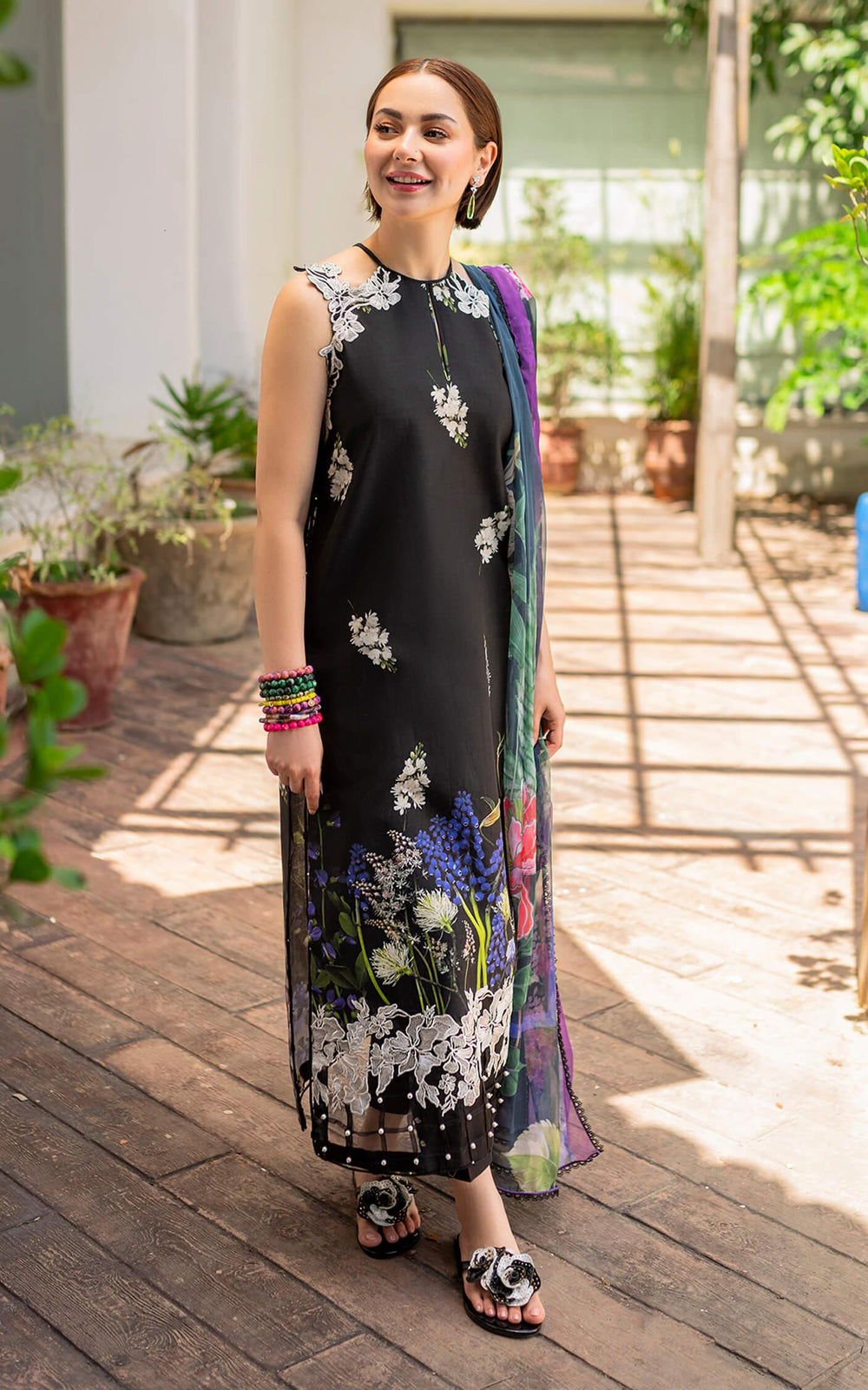 Black Floral Printed Lawn Suit with Embroidered Chiffon Dupatta |Ready to Wear