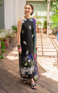 Black Floral Printed Lawn Suit with Embroidered Chiffon Dupatta |Ready to Wear