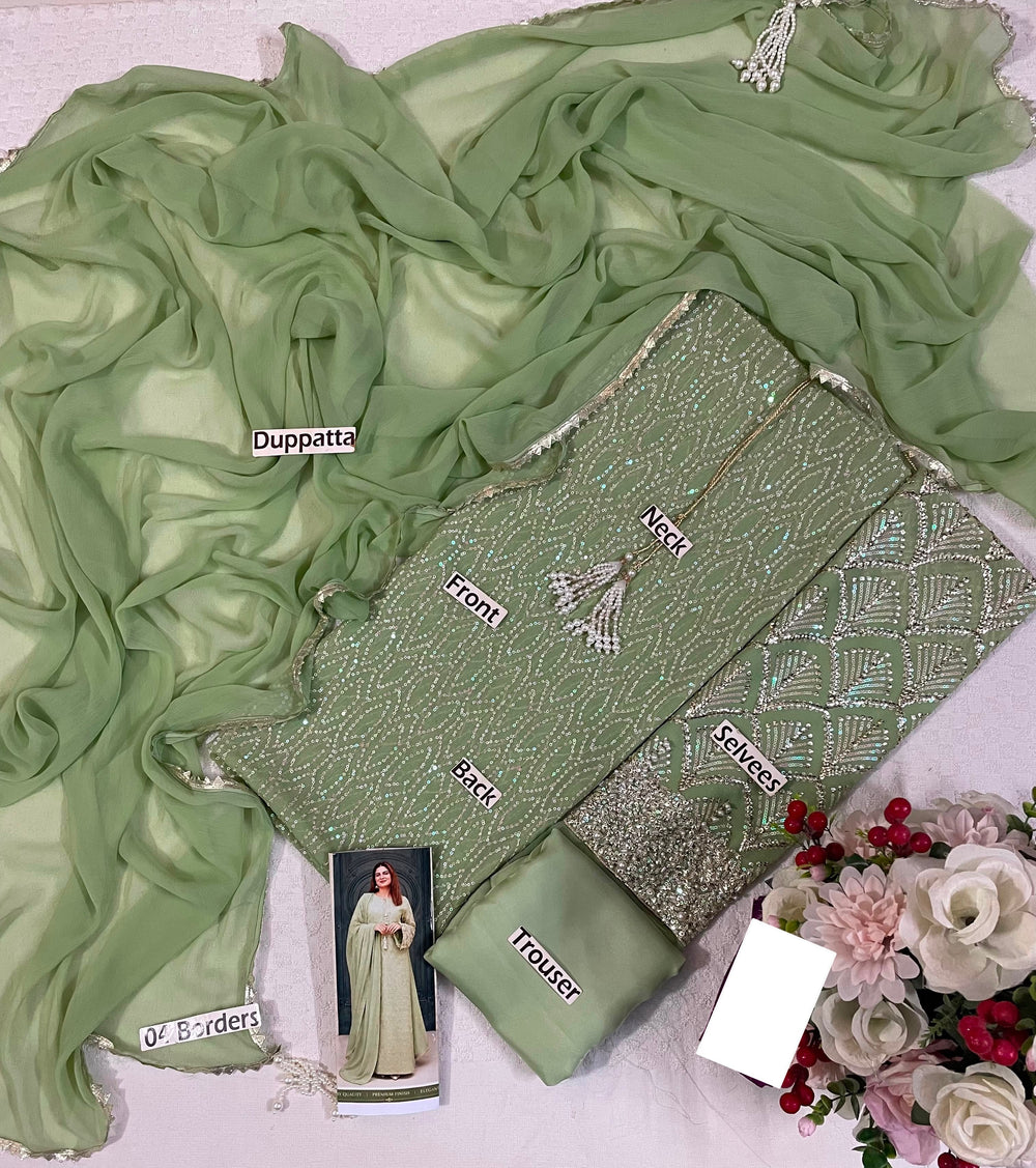 Mint Green Heavy Embroidered Chiffon Luxury Suit | RTW