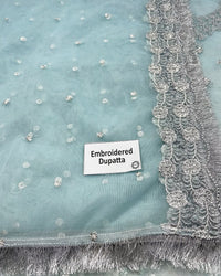 Luxurious Ice Blue Net Lehenga Choli Style Suit with Koti  |RTW