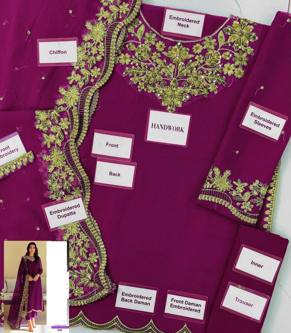 Deep Plum Embroidered Chiffon Suit with Addawork | Ready to Wear