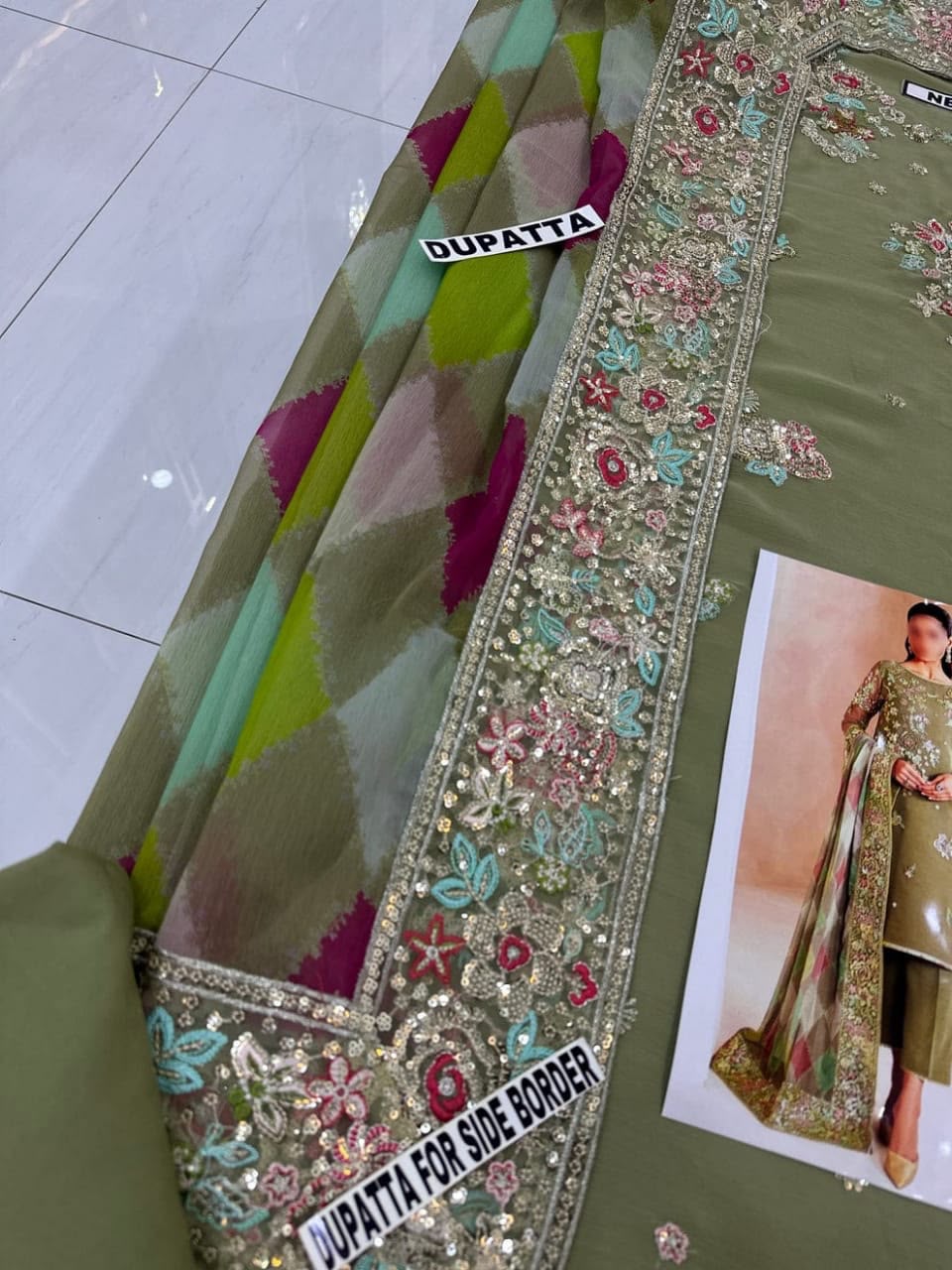 Olive Green Embroidered Chiffon Suit | Ready to Wear