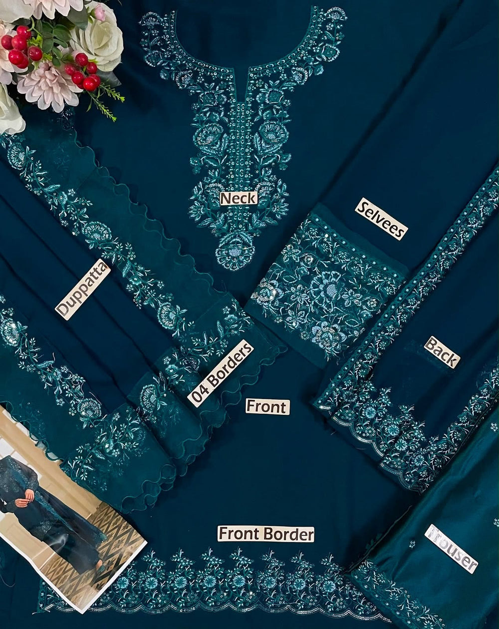 Navy Blue Embroidered Chiffon Short Shirt Suit | Ready to Wear