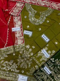 Olive Green Pure Indian Chiffon Farshi Shalwar Suit | Ready to Wear