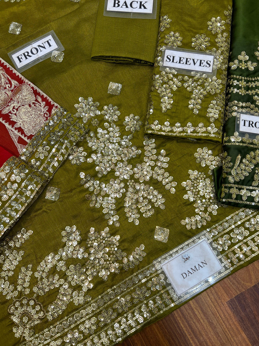 Olive Green Pure Indian Chiffon Farshi Shalwar Suit | Ready to Wear