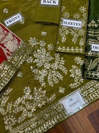 Olive Green Pure Indian Chiffon Farshi Shalwar Suit | Ready to Wear