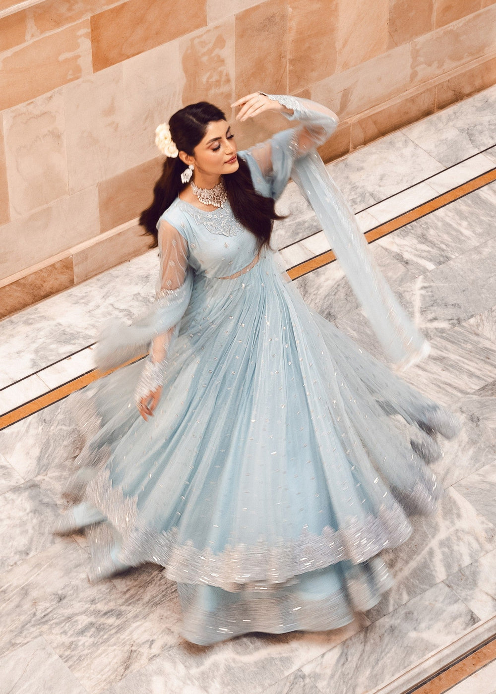 Luxurious Ice Blue Net Lehenga Choli Style Suit with Koti  |RTW