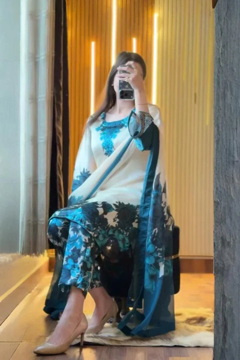 Ivory Teal Shamoze Silk Suit | RTW