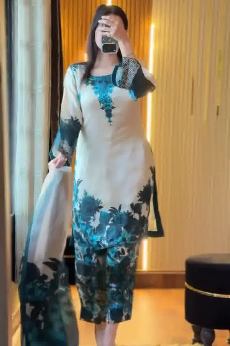 Ivory Teal Shamoze Silk Suit | RTW