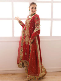 Red and Gold Embroidered Semi Pure Chiffon Suit | Ready to Wear