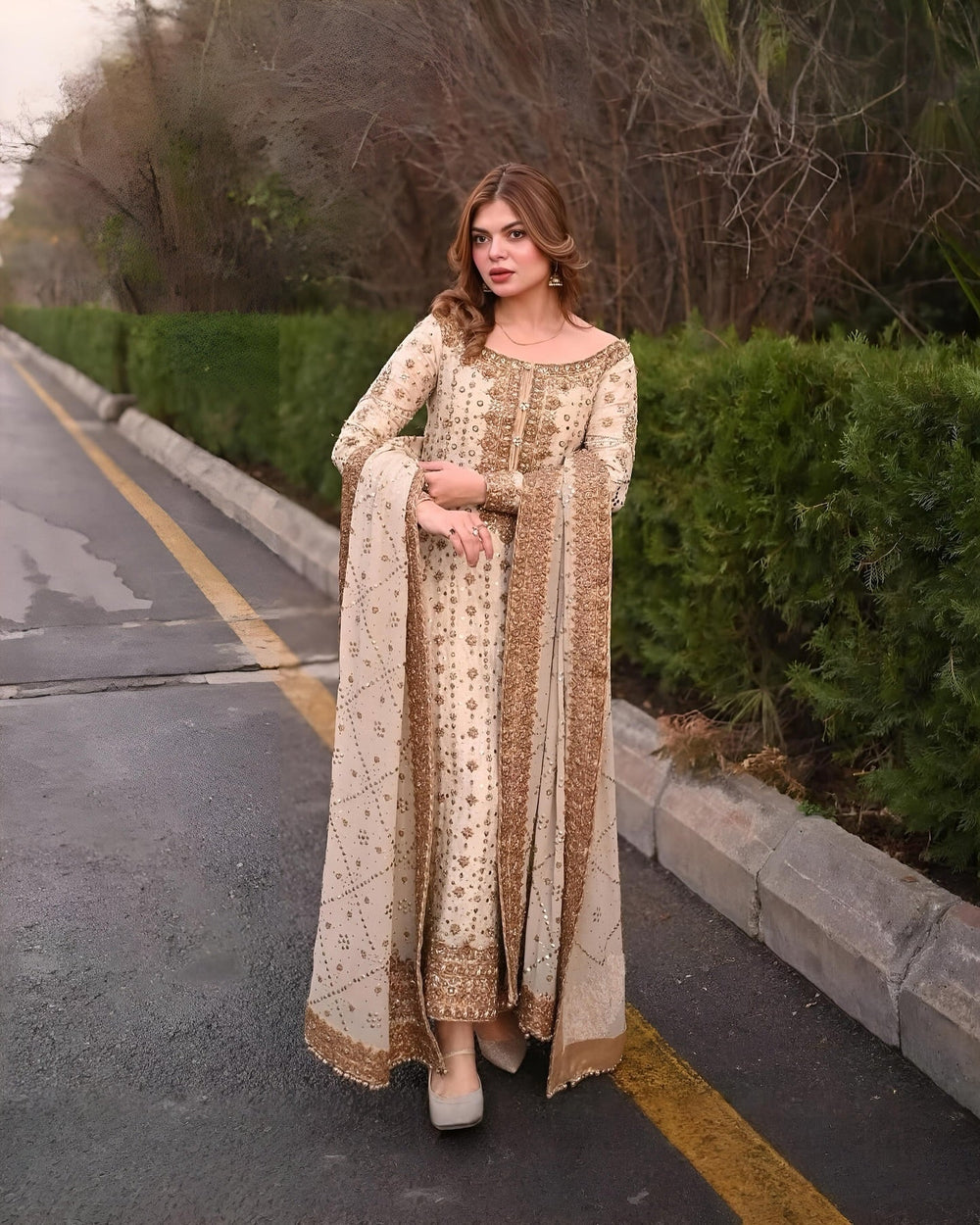 Luxury White and Gold Bridal-Style Embroidered Chiffon Suit |RTW