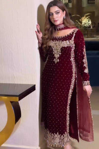 Poshkari Luxury Velvet Embroidered Stitched Maroon Majesty Suit |RTW